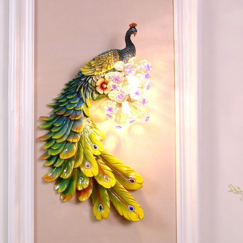 Peacock Bedroom Wall Mounted Lamp Rural Resin 2 Lights White/Green/Gold Wall Lighting Idea with Floral Crystal Ball Decor, Left/Right