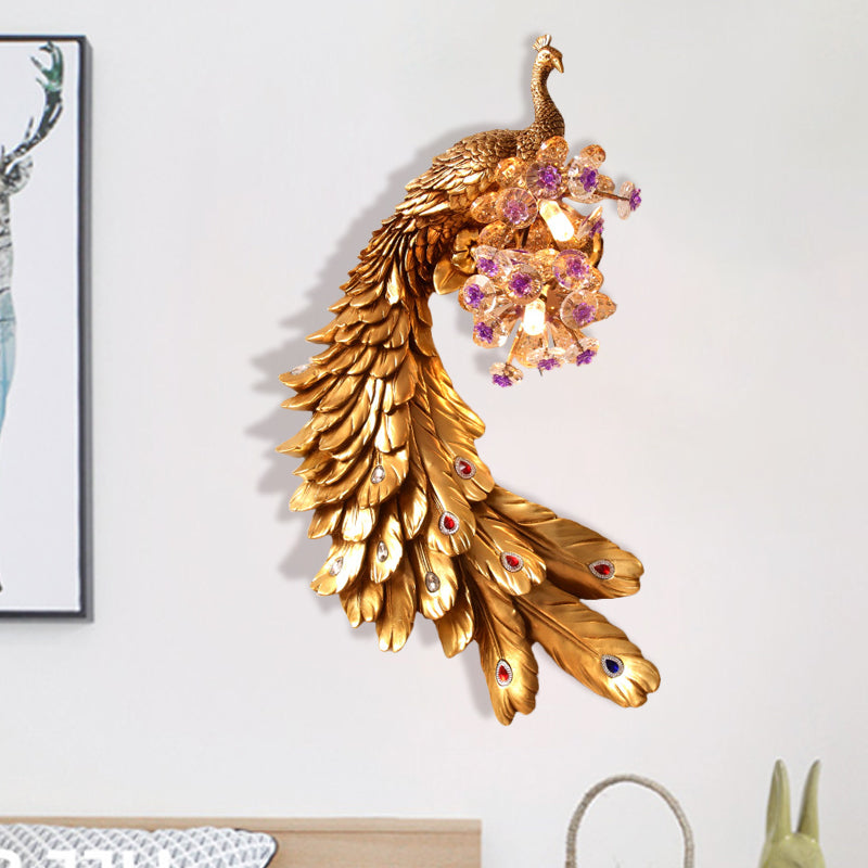 Peacock Bedroom Wall Mounted Lamp Rural Resin 2 Lights White/Green/Gold Wall Lighting Idea with Floral Crystal Ball Decor, Left/Right