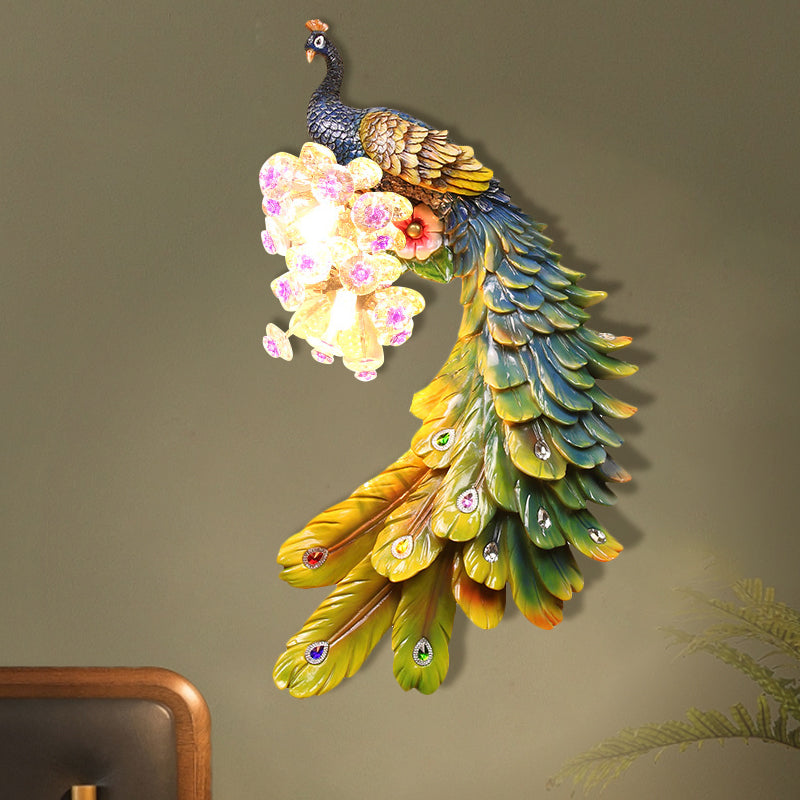 Peacock Bedroom Wall Mounted Lamp Rural Resin 2 Lights White/Green/Gold Wall Lighting Idea with Floral Crystal Ball Decor, Left/Right