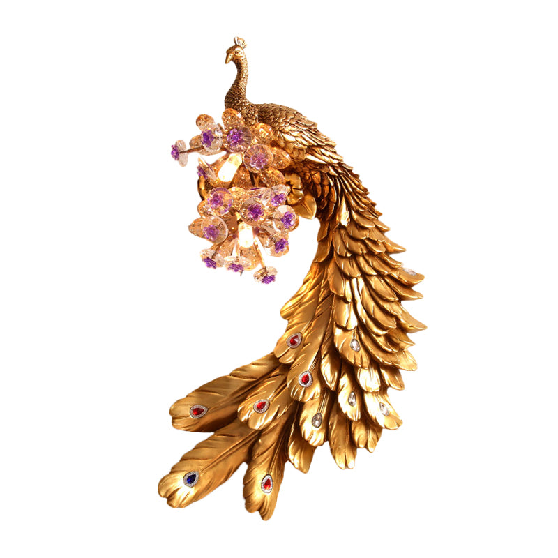 Peacock Bedroom Wall Mounted Lamp Rural Resin 2 Lights White/Green/Gold Wall Lighting Idea with Floral Crystal Ball Decor, Left/Right