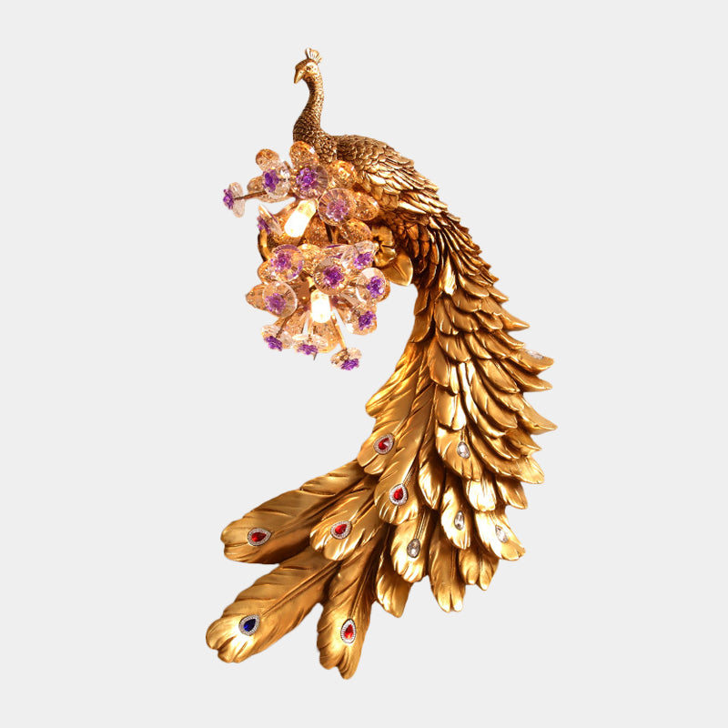 Peacock Bedroom Wall Mounted Lamp Rural Resin 2 Lights White/Green/Gold Wall Lighting Idea with Floral Crystal Ball Decor, Left/Right