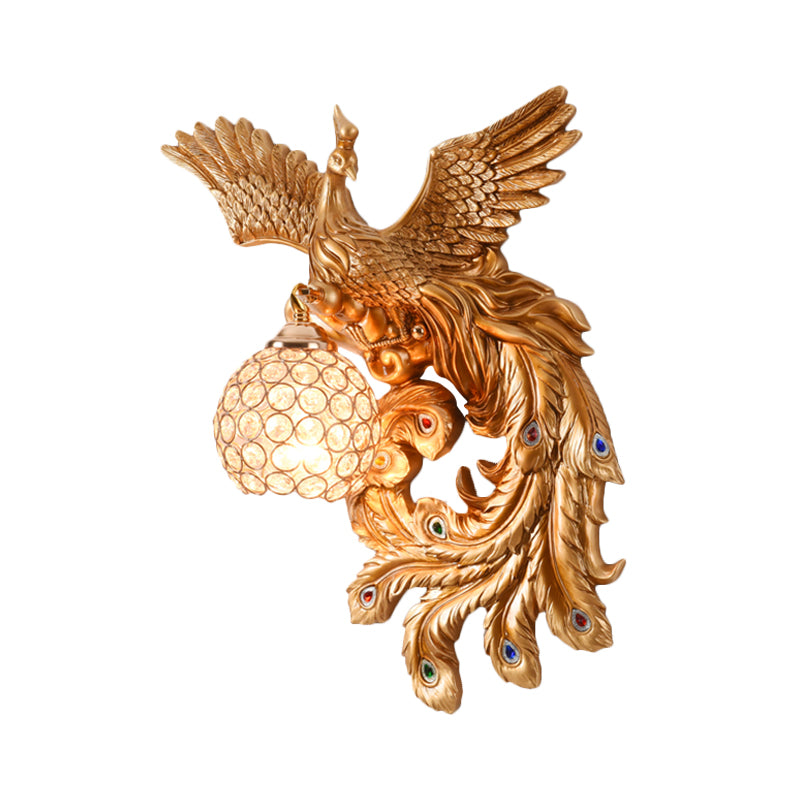 1 Bulb Flying Peacock Wall Mount Light Countryside White/Green/Gold Resin Wall Lighting Idea with Beveled K9 Crystal Shade, Left/Right