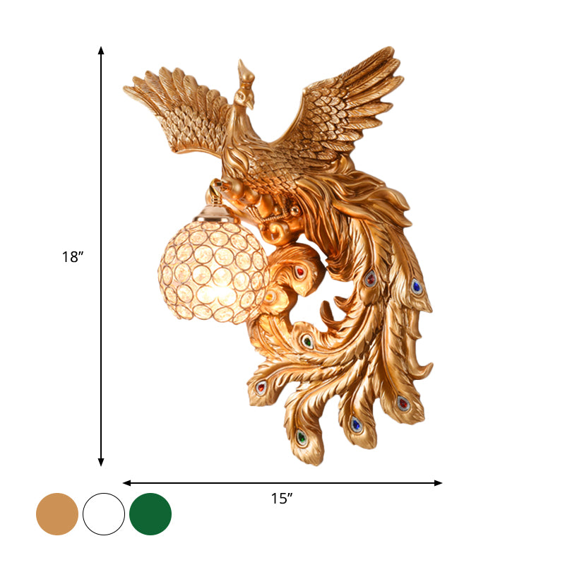1 Bulb Flying Peacock Wall Mount Light Countryside White/Green/Gold Resin Wall Lighting Idea with Beveled K9 Crystal Shade, Left/Right