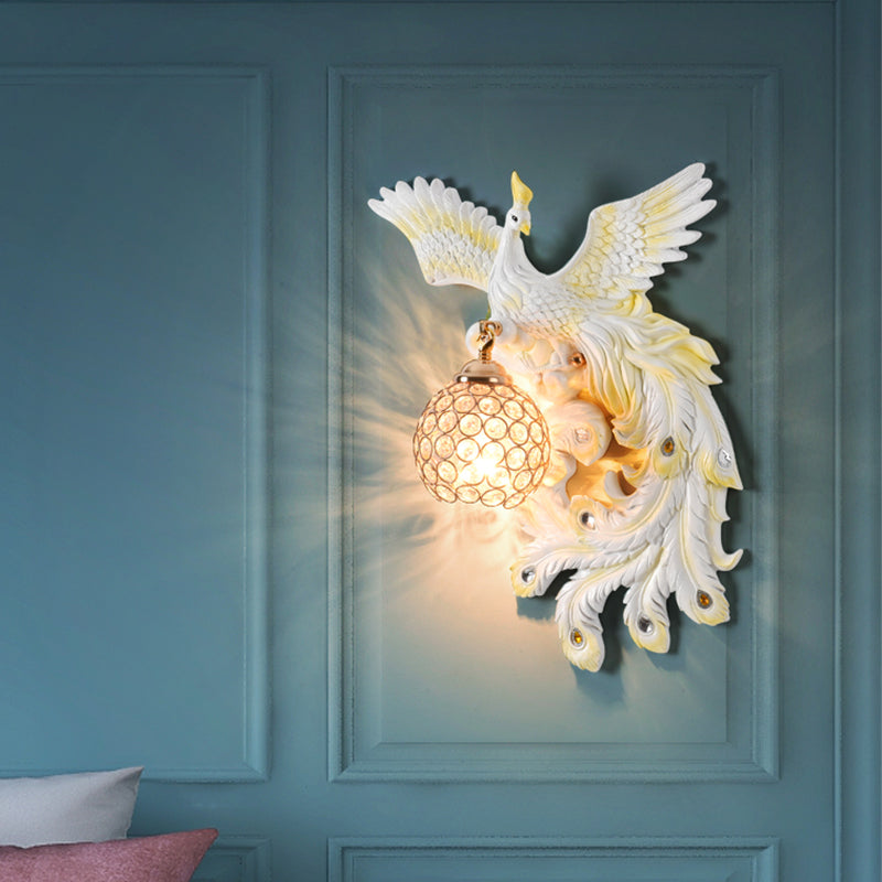 1 Bulb Flying Peacock Wall Mount Light Countryside White/Green/Gold Resin Wall Lighting Idea with Beveled K9 Crystal Shade, Left/Right