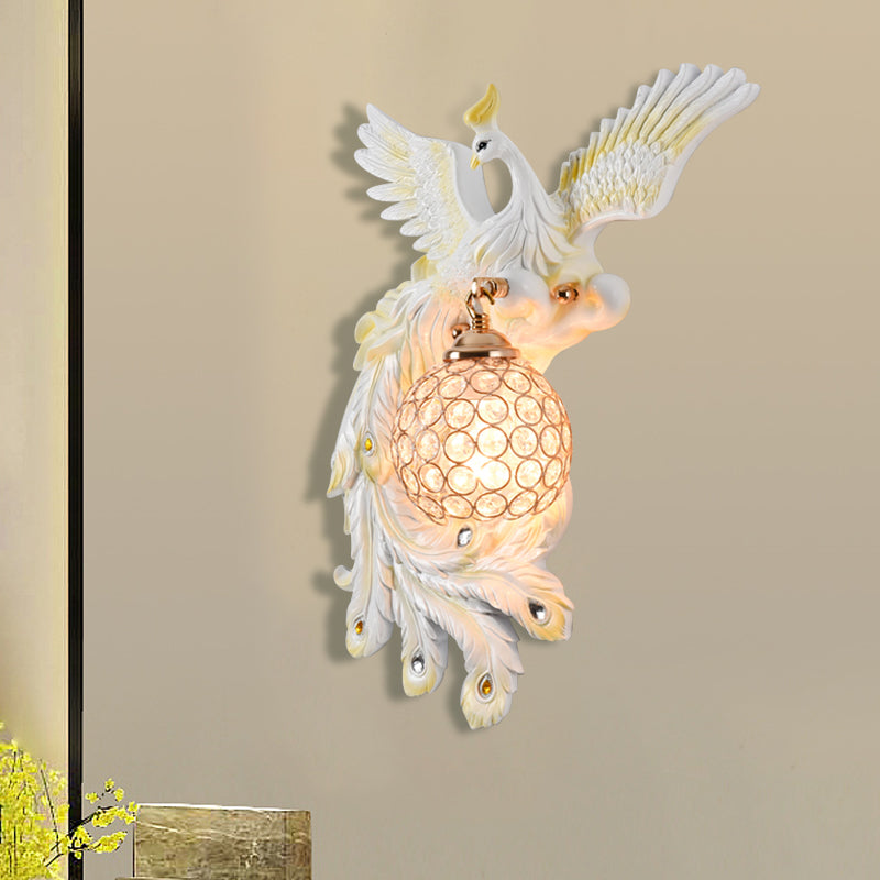 1 Bulb Flying Peacock Wall Mount Light Countryside White/Green/Gold Resin Wall Lighting Idea with Beveled K9 Crystal Shade, Left/Right