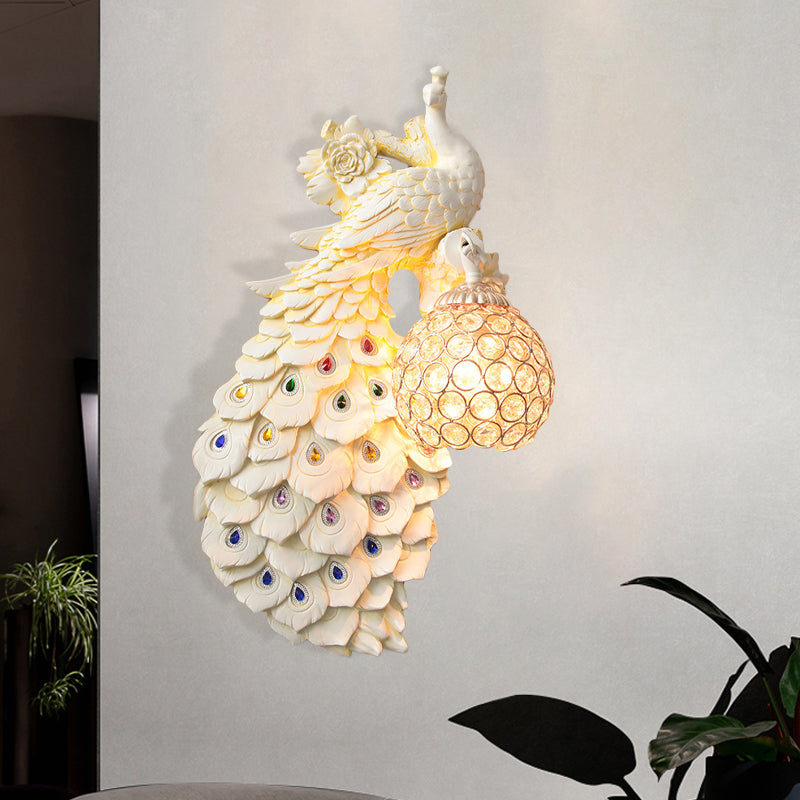 Cleorfingeled Crystal Ball Sfonce Rustic Single Bulb Hallway Wall Montated Light con pavone e decorazioni di rose in bianco/blu/verde, sinistra/destra