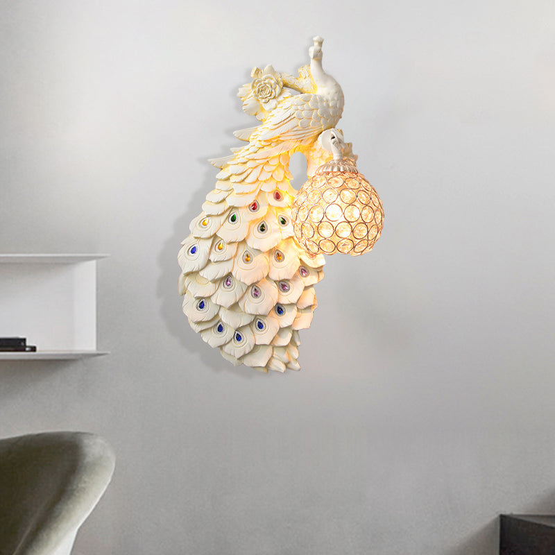 Cleorfingeled Crystal Ball Sfonce Rustic Single Bulb Hallway Wall Montated Light con pavone e decorazioni di rose in bianco/blu/verde, sinistra/destra