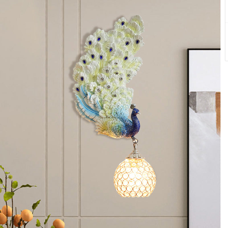 1 Kopfwandbeleuchtung Idee Retro -Stil links/rechts Pfauenharz Wandleuchte mit klarem K9 -Kristallschatten in Weiß/Blau/Grün