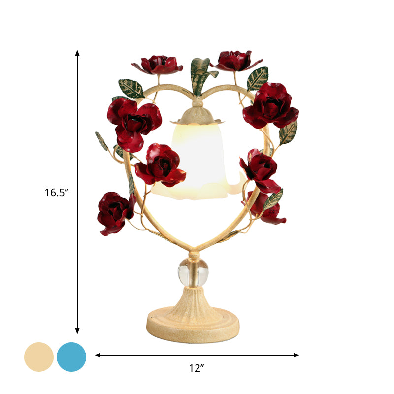Beige/Blue Single Head Night Light Classic White Glass Bloom Reading Book Lamp with Heart Frame and Rose Design
