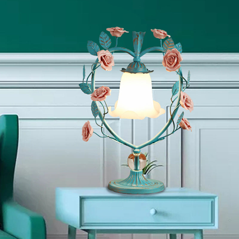 Beige/Blue Single Head Night Light Classic White Glass Bloom Reading Book Lamp with Heart Frame and Rose Design