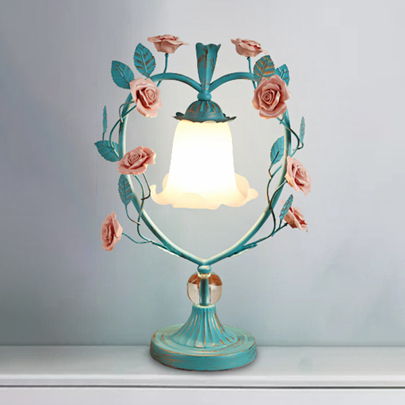 Beige/Blue Single Head Night Light Classic White Glass Bloom Reading Book Lamp with Heart Frame and Rose Design