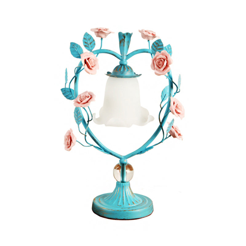 Beige/Blue Single Head Night Light Classic White Glass Bloom Reading Book Lamp with Heart Frame and Rose Design