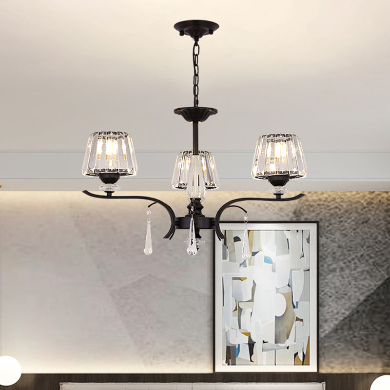 Beveled Crystal Conical Chandelier Simple 3 Lights Ceiling Suspension Lamp with Droplet in Black