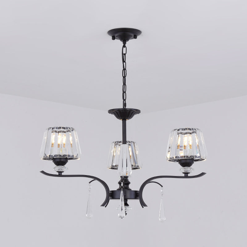 Beveled Crystal Conical Chandelier Simple 3 Lights Ceiling Suspension Lamp with Droplet in Black