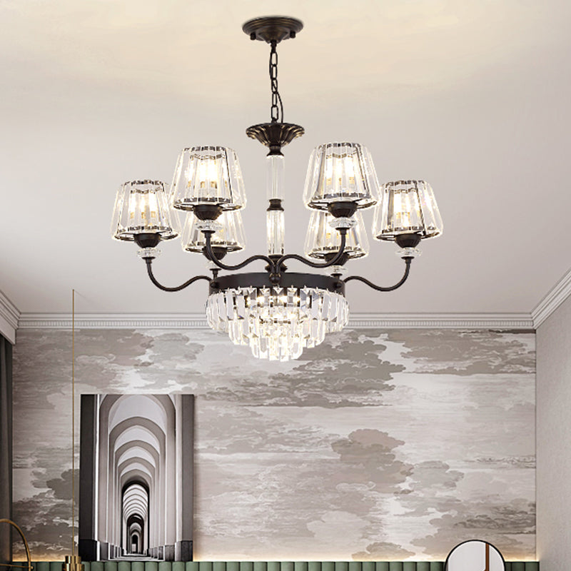 Zwart gelaagd verlichting eenvoud 6 Lichten kristalblokkroonluchter lamp met conische schaduw