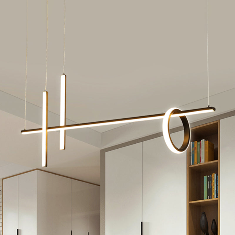 Black Linear Island Light Modern LED Metallic Pendant Lighting with Dual Lines and Ring