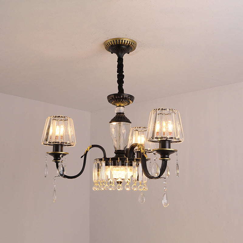 Kegelkristallblock Kronleuchter Licht Modernismus 3/6-Kopf-Schwarz-Down-Beleuchtungsanhänger mit Tröpfchen