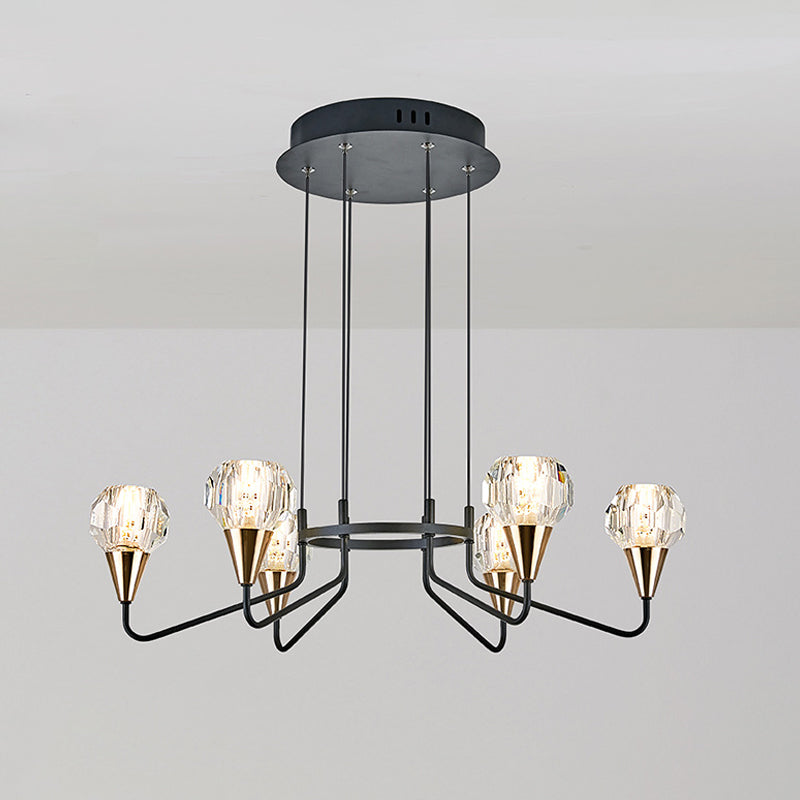6/8 Glühbirnen Wohnzimmer Suspension Licht Minimalismus Schwarzer Kronleuchter mit runden Facettenkristallschatten