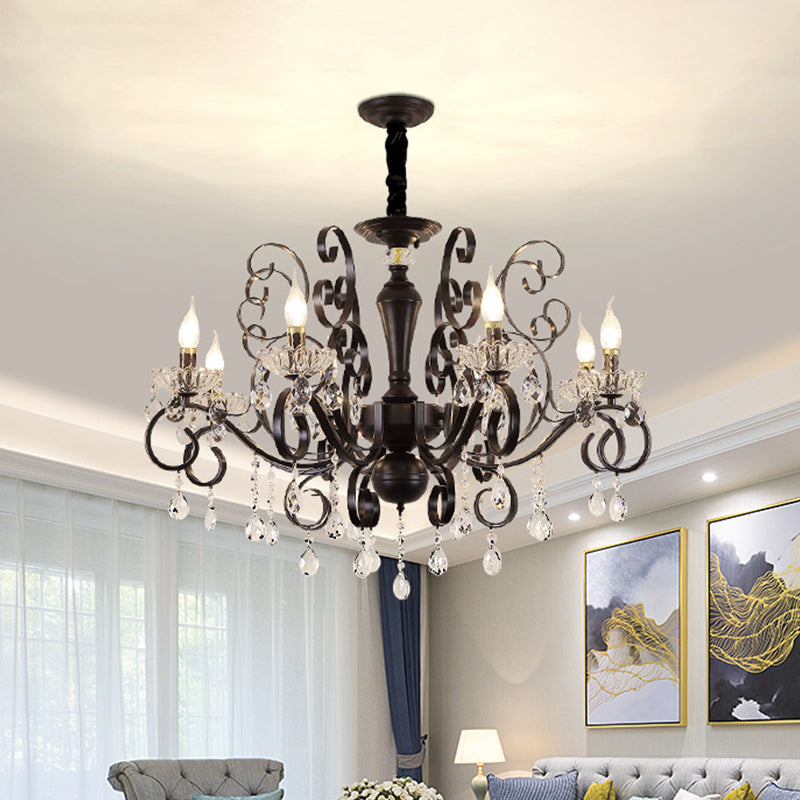 Metallic Candle Hanging Lamp Kit Minimalism 6/8 Bulbs Black Chandelier with Crystal Strands and Curvy Arm