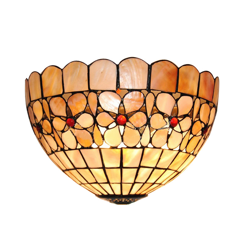 1 Light Floral Sconce Lighting Tiffany Shell Wall Mount Light in Beige for Staircase