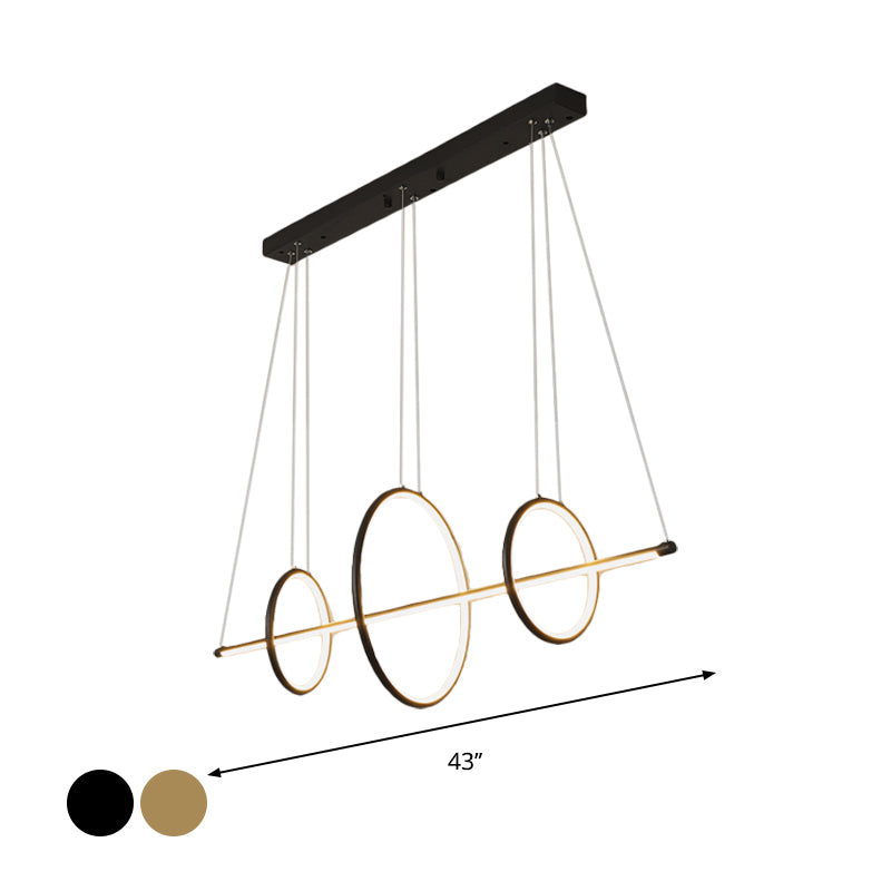 Acrylic Linear Suspension Light Modernist Black/Gold LED Island Pendant Lighting with 3 Rings Design