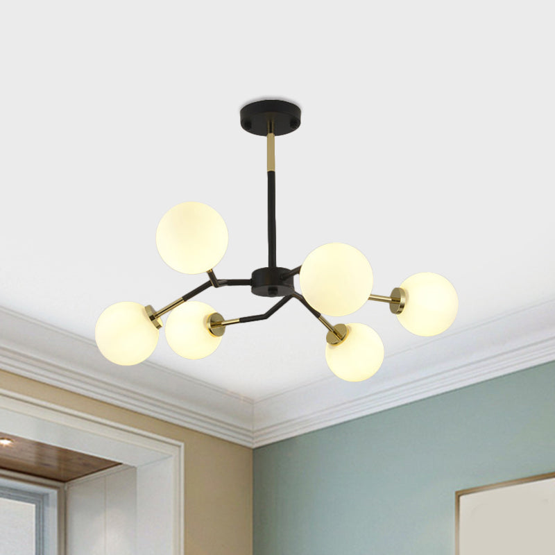 Frosted Glass Global Chandelier Lamp Minimalist 6/8 Bulbs Hanging Ceiling Light in Black