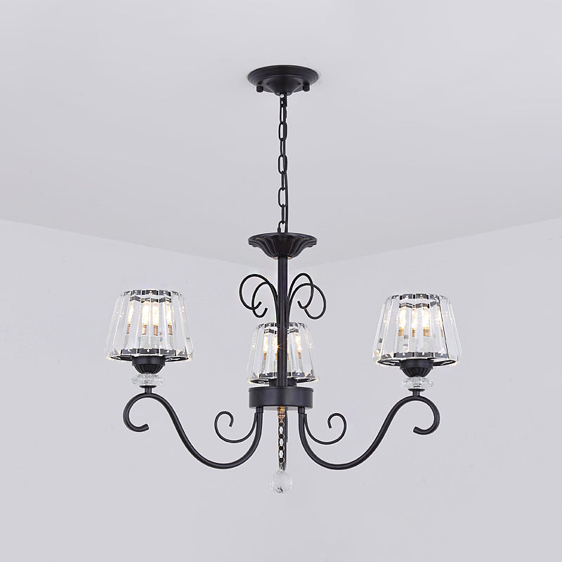 Conische kroonluchter verlichtingsarmatuur Vintage Crystal Prisms 3/6/8 Heads Black Suspension Lighting met scrollarm