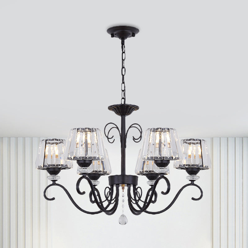 Conische kroonluchter verlichtingsarmatuur Vintage Crystal Prisms 3/6/8 Heads Black Suspension Lighting met scrollarm