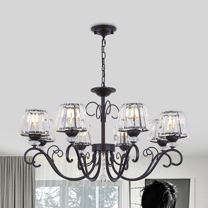 Conische kroonluchter verlichtingsarmatuur Vintage Crystal Prisms 3/6/8 Heads Black Suspension Lighting met scrollarm