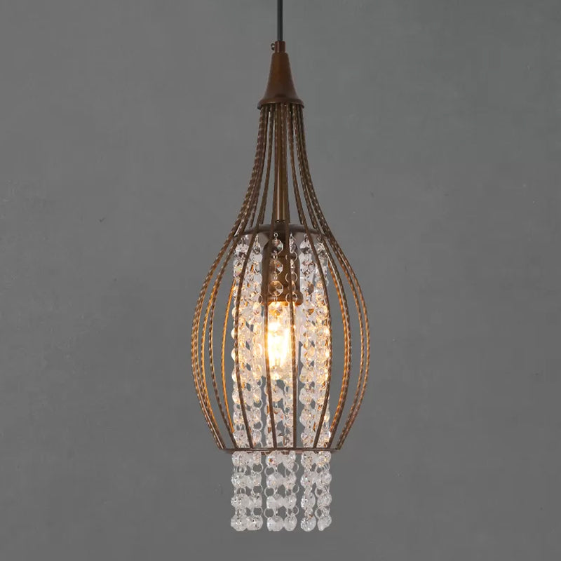 Pear-Shape Frame Restaurant Pendant Metallic 1 Light Minimalist Down Lighting with Crystal Strands in Coffee