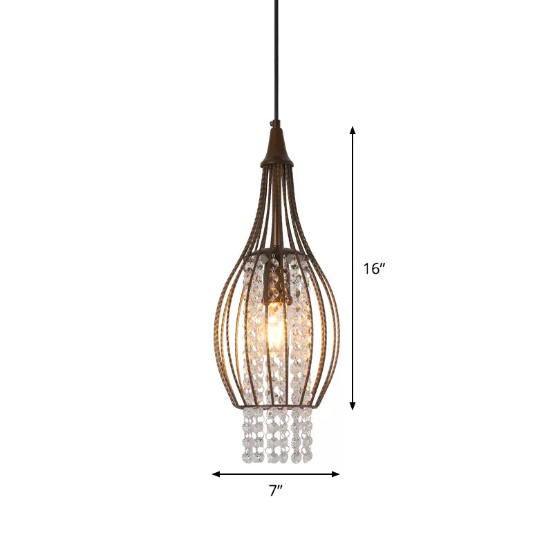 Pear-Shape Frame Restaurant Pendant Metallic 1 Light Minimalist Down Lighting with Crystal Strands in Coffee