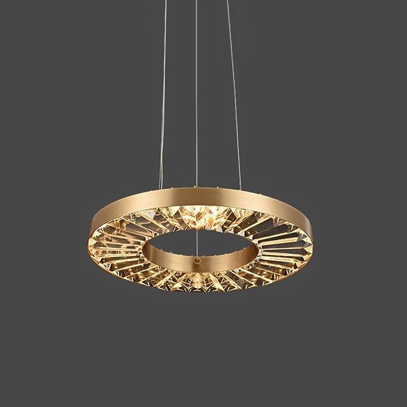Retro LED Hanging Lamp Kit Gold Circle Suspension Lighting with Prismatic Crystal Shade in Warm/Natural Light