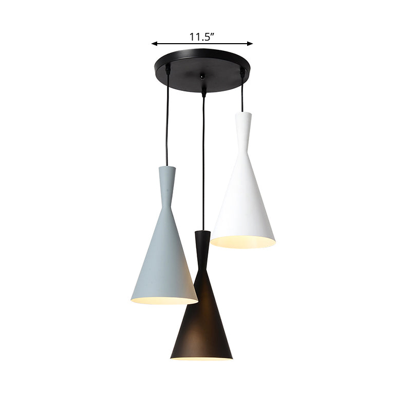 Flared Metallic Pendant Light Contemporary 3-Head Black Hanging Lamp Kit with Round/Rectangle Canopy