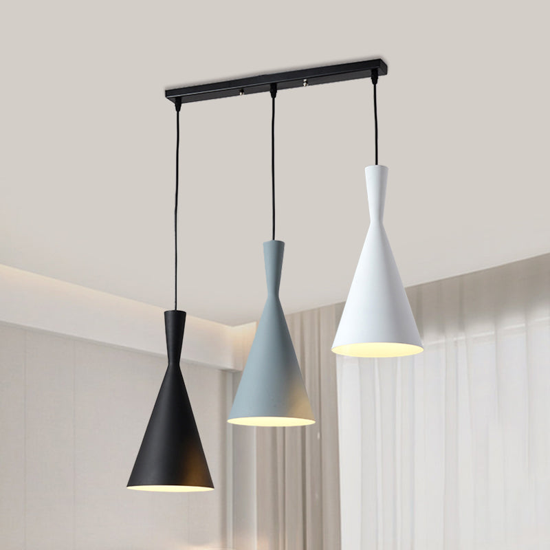 Flared Metallic Pendant Light Contemporary 3-Head Black Hanging Lamp Kit with Round/Rectangle Canopy