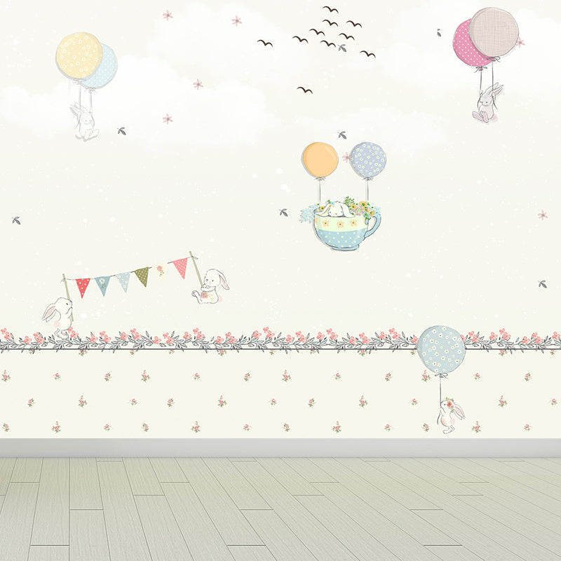 Non-Woven Large Pastel Mural Cartoon Rabbit and Hot Air Balloon Wall Decor, Custom Size