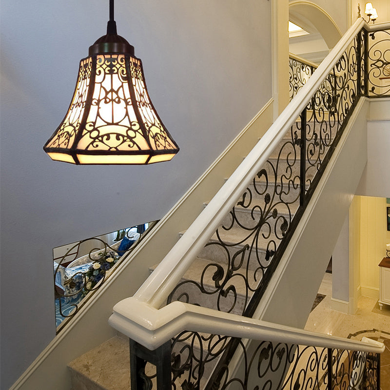 Tiffany Bell Down Mini Pendant 1 Light Beige Stained Glass Ceiling Suspension Lamp for Stair