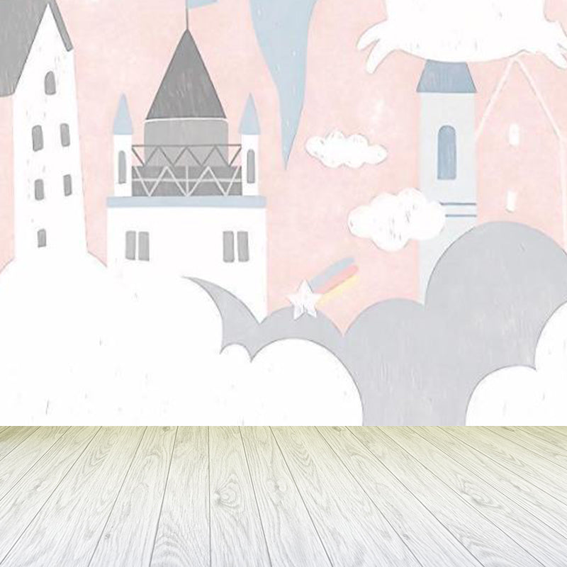 Light Pink Cartoon Mural Decal Large Castle and Unicorn Wall Art for Childrens Bedroom