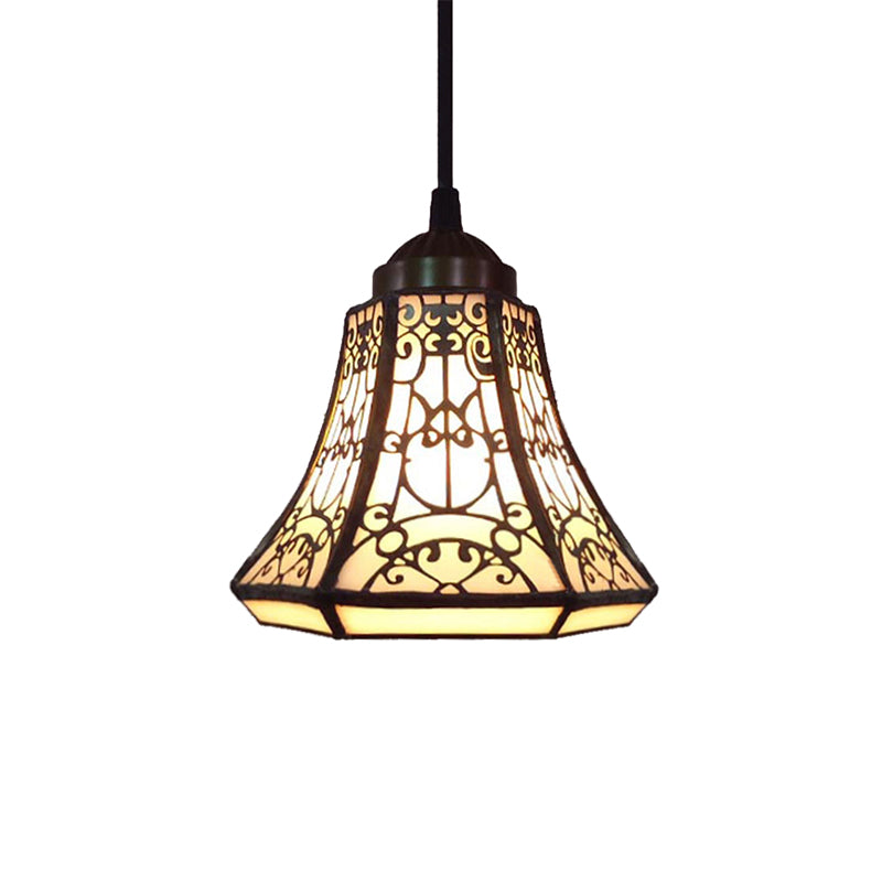 Tiffany Bell Down Mini Pendant 1 Light Beige Stained Glass Ceiling Suspension Lamp for Stair