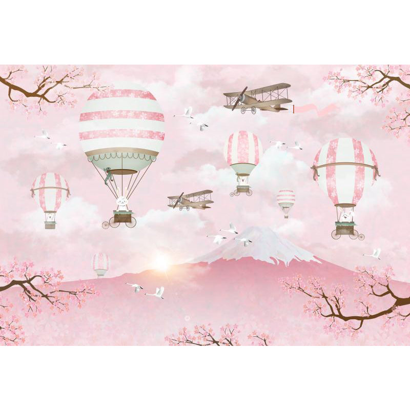 Pink Rabbits Balloon Trip Mural Mount Fuji Cherry Blossom Cartoon Washable Wall Decor