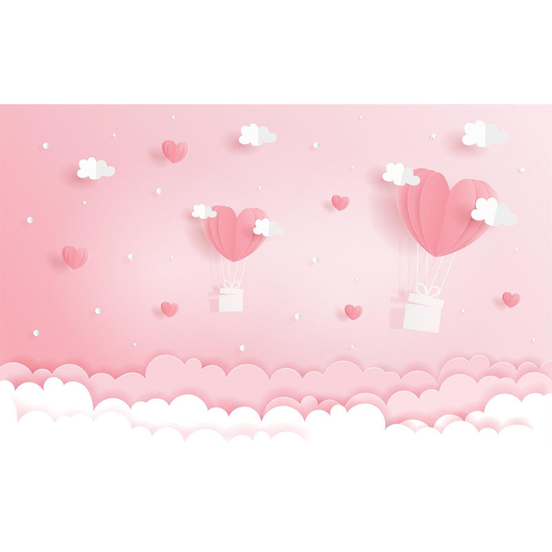 Full Size Cartoon Mural Wallpaper Pink Heart-Shaped Hot Air Balloon Wall Decor, Custom Print