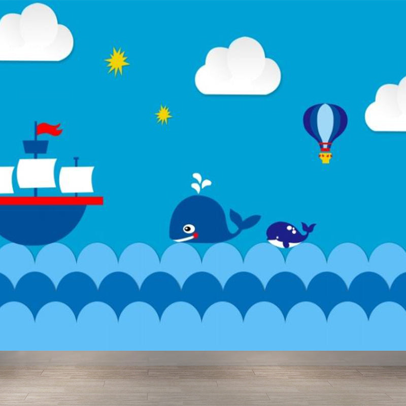 Ocean Hot Air Balloon Mural Decal Blue Childrens Art Wall Covering for Kids Room