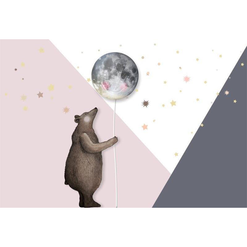 Bear with Moon Balloon Mural Decal Cartoon Non-Woven Cloth Wall Art in Pink for Nursery