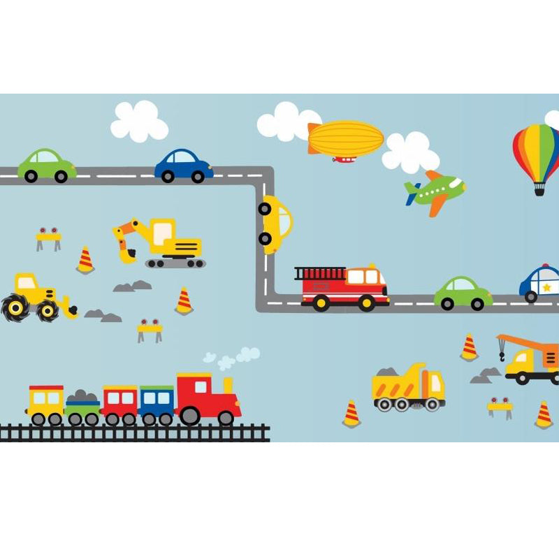 Cartoon Transportation Mural Wallpaper Blue Vehicles Pattern Wall Covering for Room