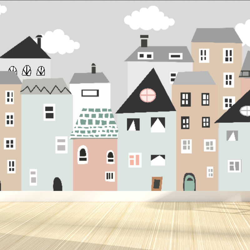 Childrens Art Houses Mural Decal Grey Stain Resistant Wall Covering for Living Room