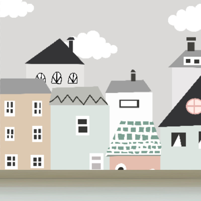 Childrens Art Houses Mural Decal Grey Stain Resistant Wall Covering for Living Room