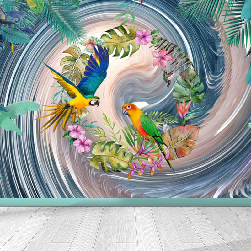 Tropical Style Teenagers Mural Decal Lush Botanical and Birds Blue Wall Covering