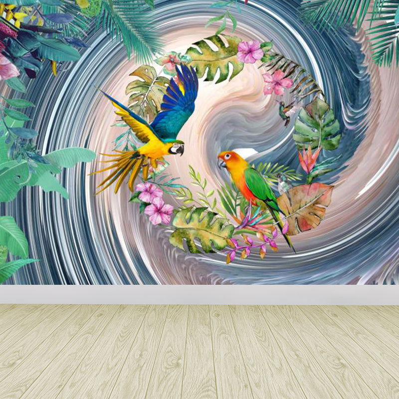 Tropical Style Teenagers Mural Decal Lush Botanical and Birds Blue Wall Covering