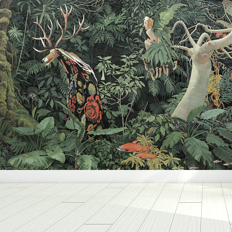 Green Tropical Plant Mural Wallpaper Moisture Resistant Wall Art for Living Room