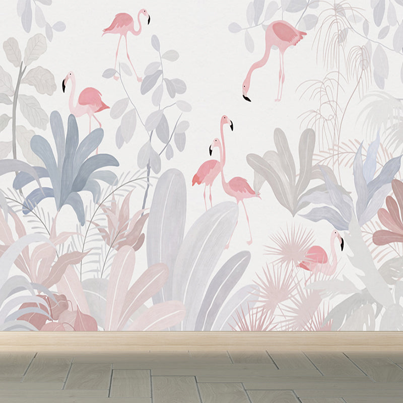 Illustration Style Flamingos Mural Decal for Guest Room, Pink, Custom Size Available