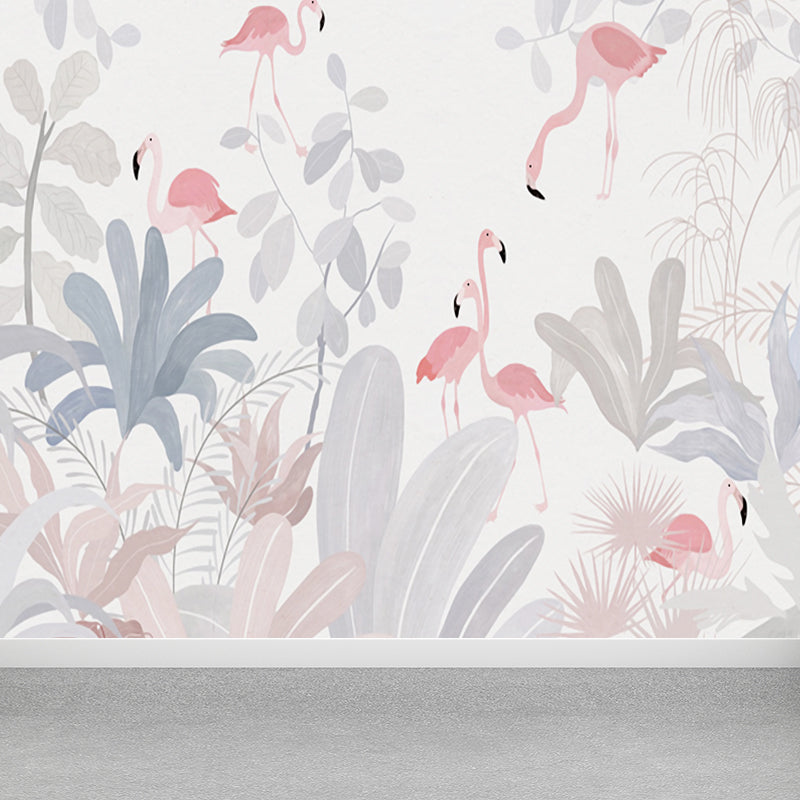 Illustration Style Flamingos Mural Decal for Guest Room, Pink, Custom Size Available